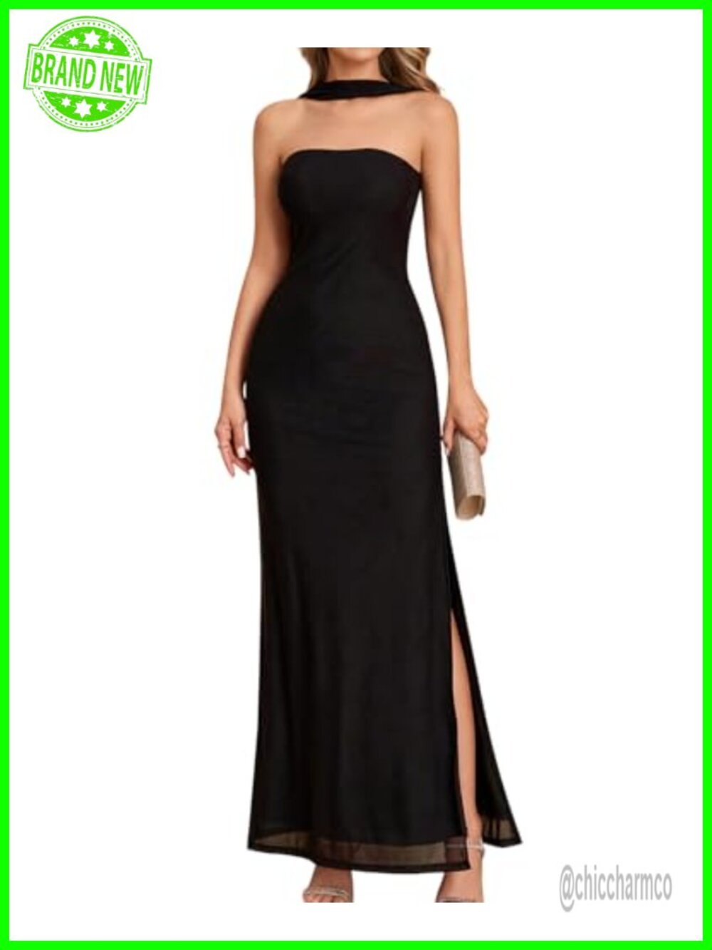 GLNEGE Wedding Guest Maxi Dress with Scarf Halter Mesh Bodycon